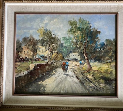 Antique Painting of Path with Houses