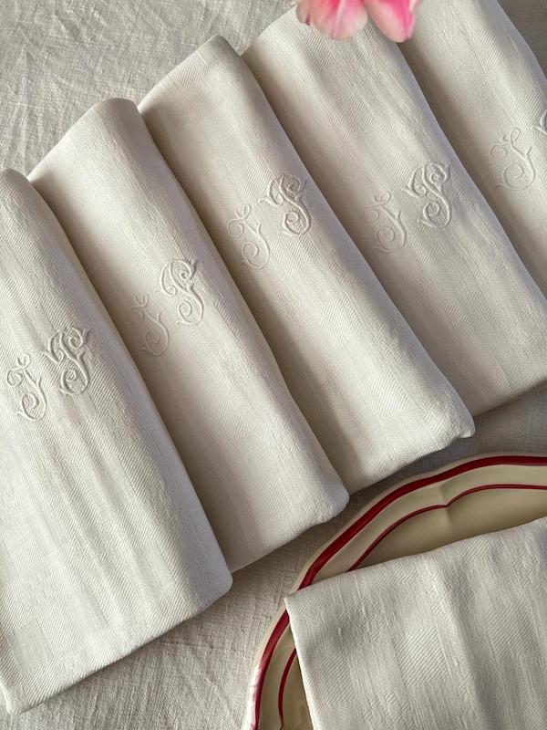 100% White Linen Napkins with Embroidered French Monogram with matt  Egyptian Thread
