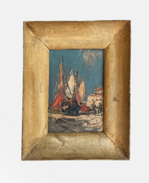 french antique painting of a boat in a harbor