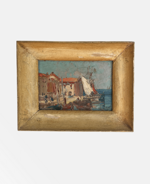 french antique painting of a boat in a harbor