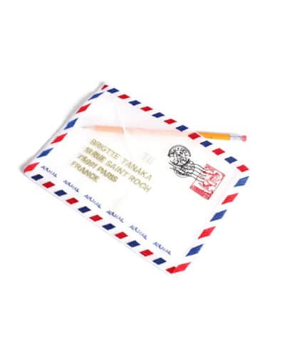 Brigitte Tanaka Envelope Bag – embroidered organza pouch inspired by vintage airmail, with tricolour stitching and French design.