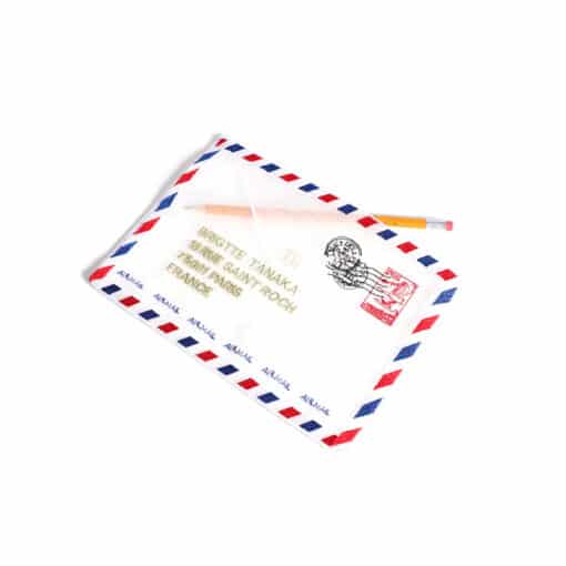 Brigitte Tanaka Envelope Bag – embroidered organza pouch inspired by vintage airmail, with tricolour stitching and French design.