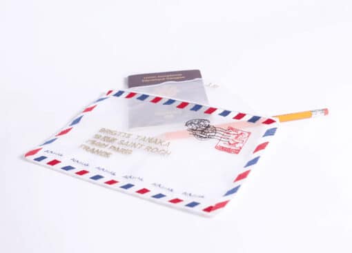 Brigitte Tanaka Envelope Bag – embroidered organza pouch inspired by vintage airmail, with tricolour stitching and French design.