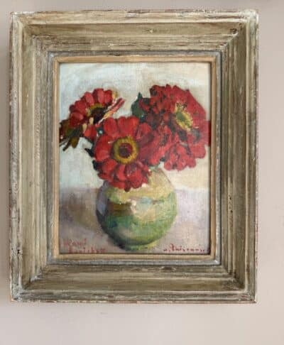 Antique-Painting-Bouquet-of-Red-Zinnias