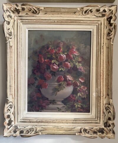 antique painting of bowl of roses