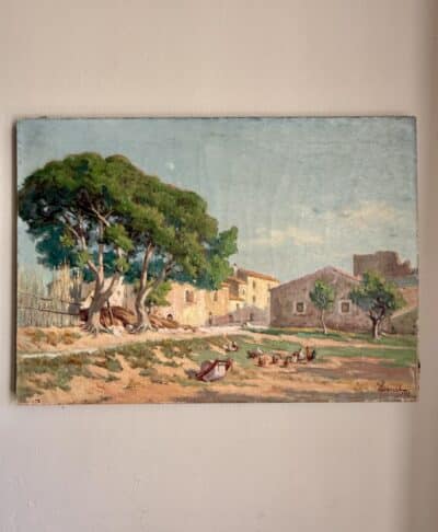 Antique Painting - Farm in the Village