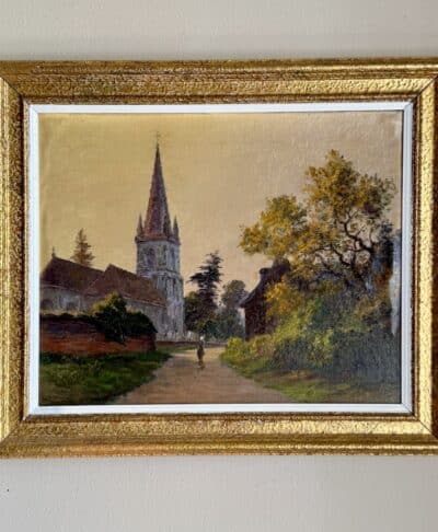 Antique Painting - Girl Walking Past Church