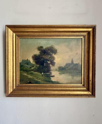 Antique Painting - Villager by the River