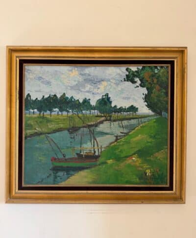 Antique Painting of a Boat Along the River