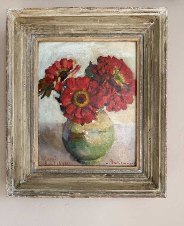 Antique-Painting-Bouquet-of-Red-Zinnias