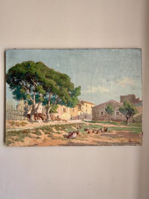 Antique Painting - Farm in the Village