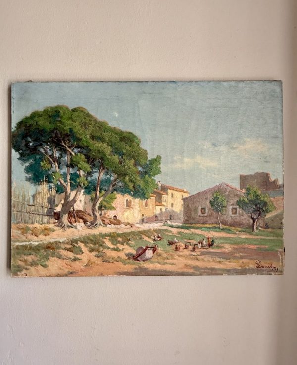 Antique Painting - Farm in the Village