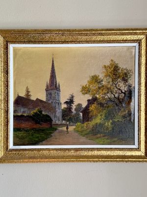 Antique Painting - Girl Walking Past Church