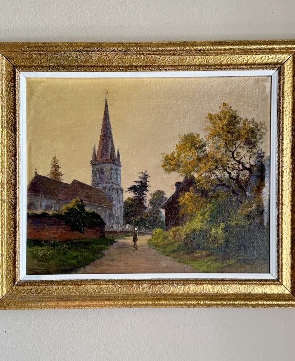 Antique Painting - Girl Walking Past Church