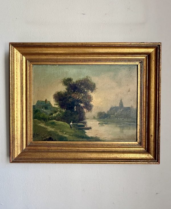 Antique Painting - Villager by the River