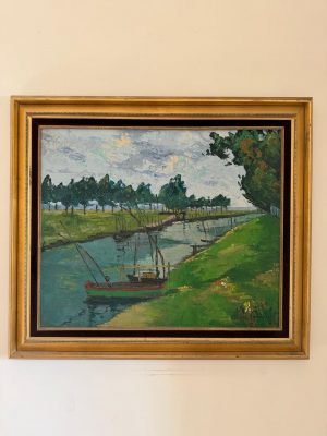 Antique Painting of a Boat Along the River