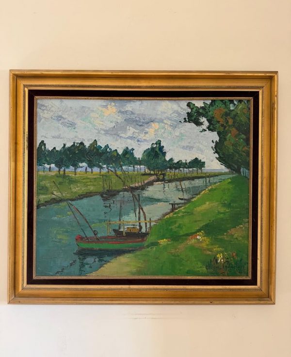 Antique Painting of a Boat Along the River