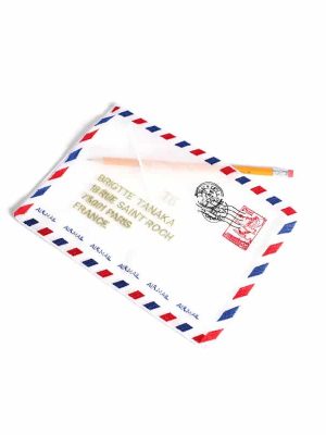 Brigitte Tanaka Envelope Bag – embroidered organza pouch inspired by vintage airmail, with tricolour stitching and French design.