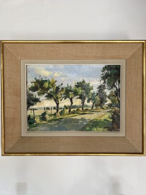 Antique Painting - Country Road Along Trees