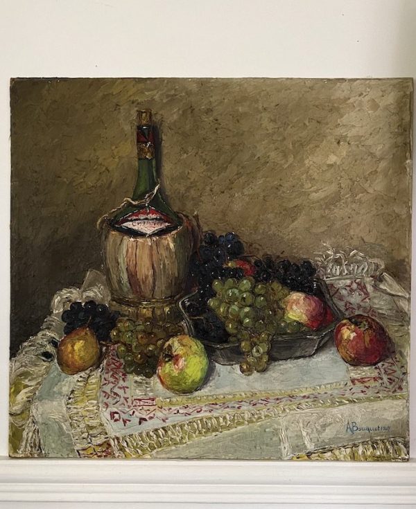 MFCH Antique painting still life with wine and fruit