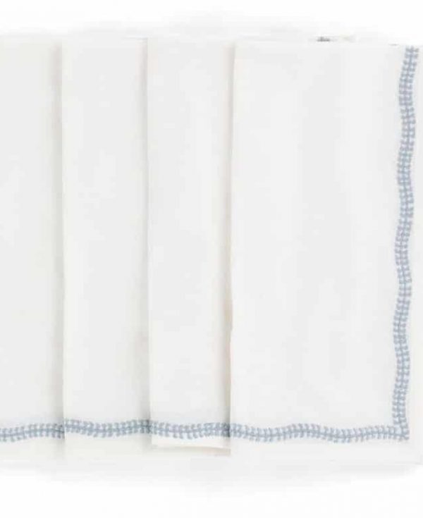 White Cotton Napkins with Dusty Blue Embroidery