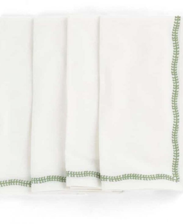 White Cotton Napkins with Green Embroidery