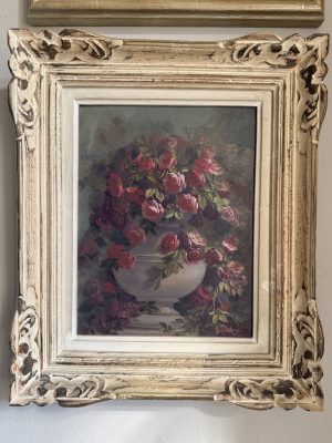 antique painting of bowl of roses